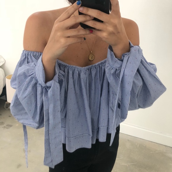 Off The Shoulder Stripe Top w Balloon Sleeves - Picture 5 of 7